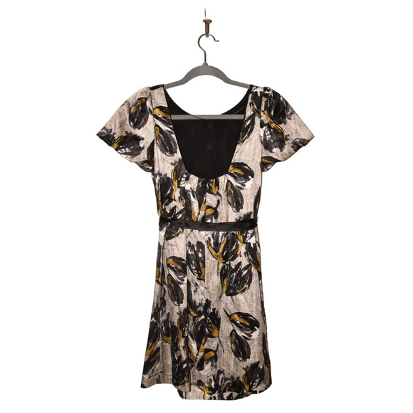 REBECCA TAYLOR $395 Pleated Neck Puff Sleeve Printed Silk Dress Gray Size 2 - Picture 2 of 4